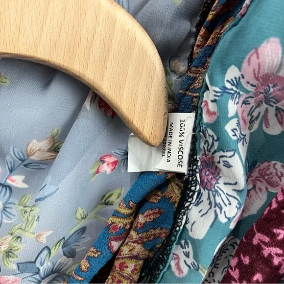 Boho Patchwork Button Down Blouse M | Embroidered Flowy Layering Top - Picture 11 of 11